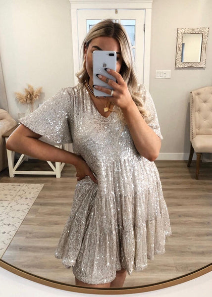 Mid Dress Summer Oversized Sequins Beige Unique FashionChic