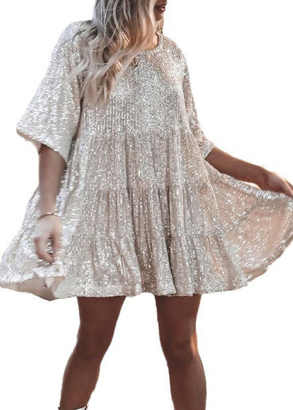 Mid Dress Summer Oversized Sequins Beige Unique FashionChic