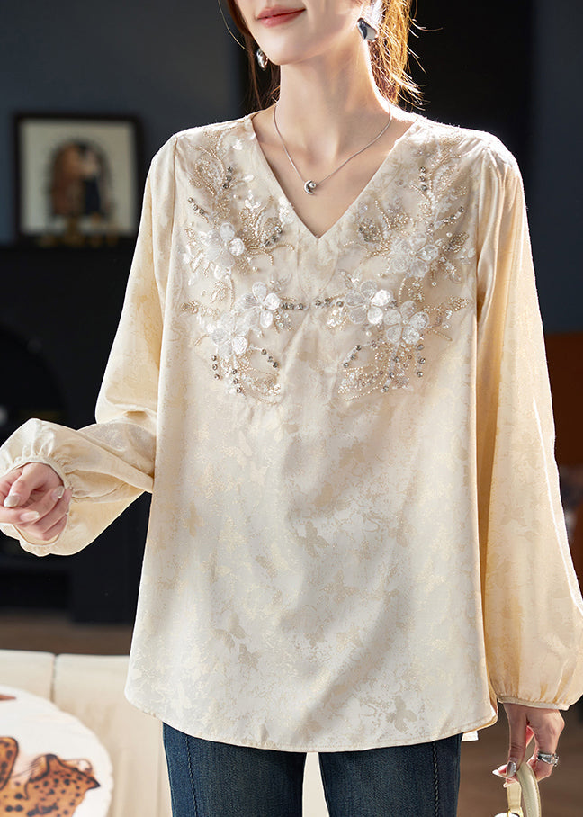 Chiffon Jacquard Unique Spring V Neck Shirt Zircon Beige Top FashionChic