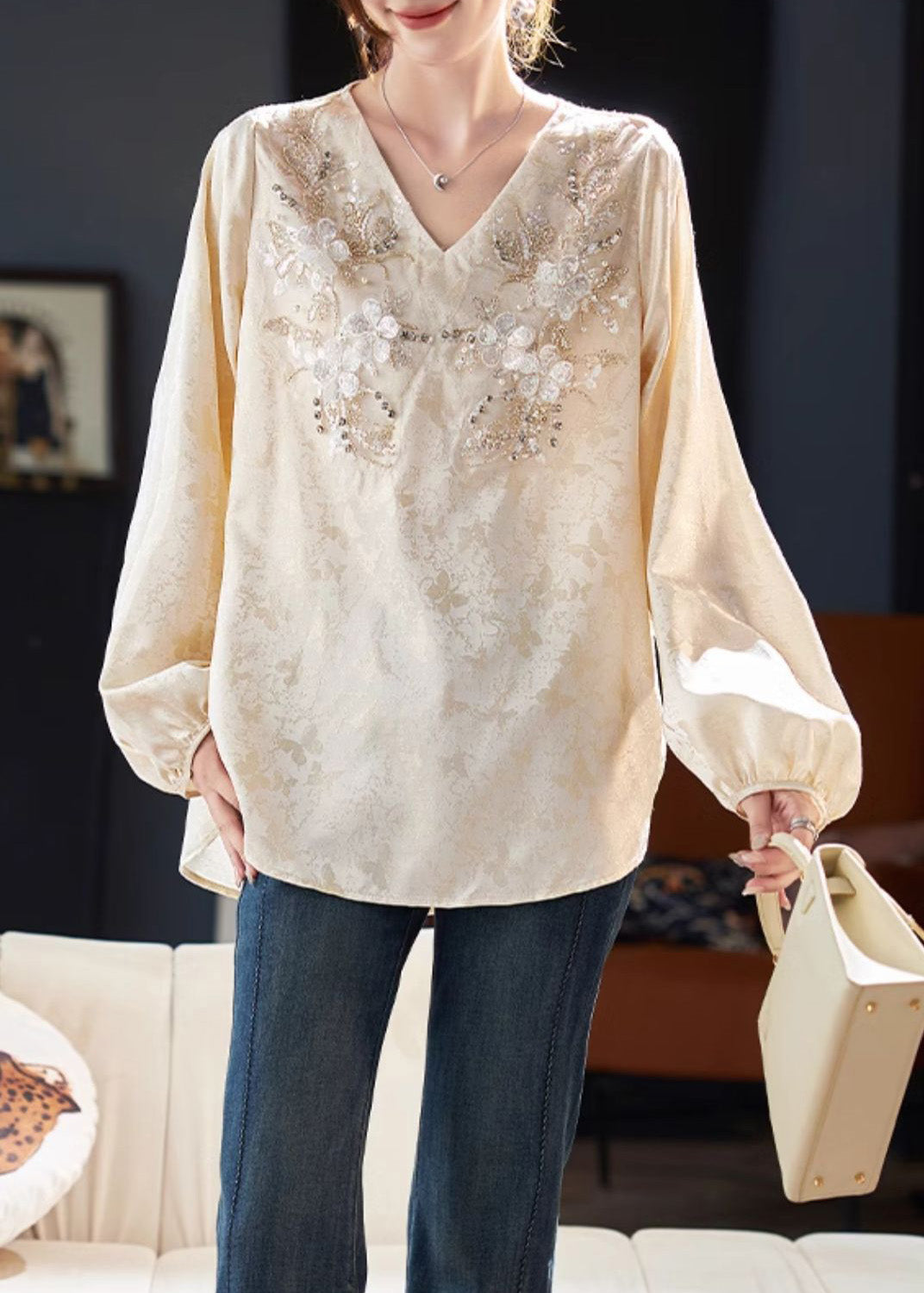 Chiffon Jacquard Unique Spring V Neck Shirt Zircon Beige Top FashionChic