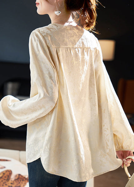 Chiffon Jacquard Unique Spring V Neck Shirt Zircon Beige Top FashionChic