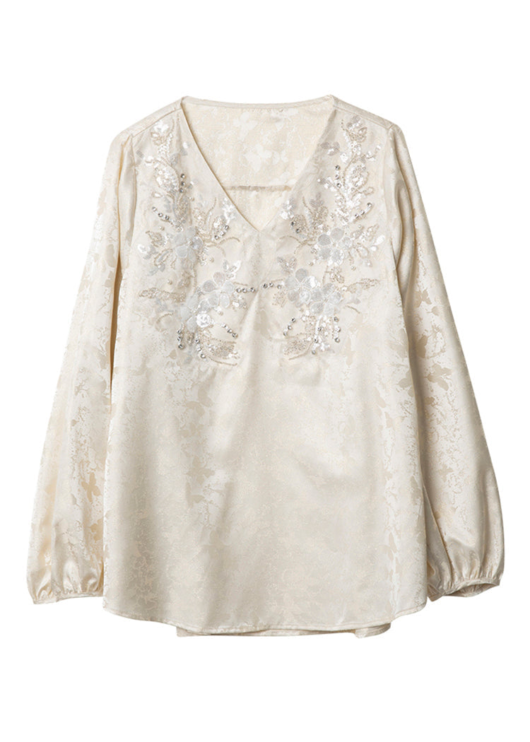 Chiffon Jacquard Unique Spring V Neck Shirt Zircon Beige Top FashionChic