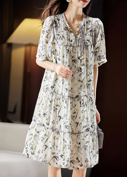 Unique Beige V Neck Print Patchwork Chiffon Maxi Dresses Short Sleeve WW055 OL-SDL240812
