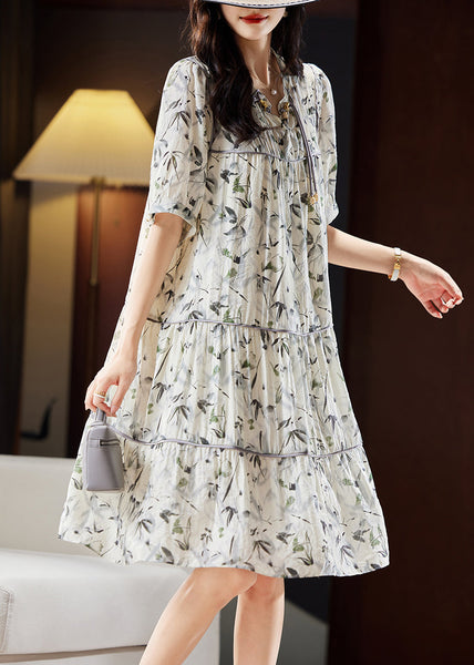 Unique Beige V Neck Print Patchwork Chiffon Maxi Dresses Short Sleeve WW055 OL-SDL240812