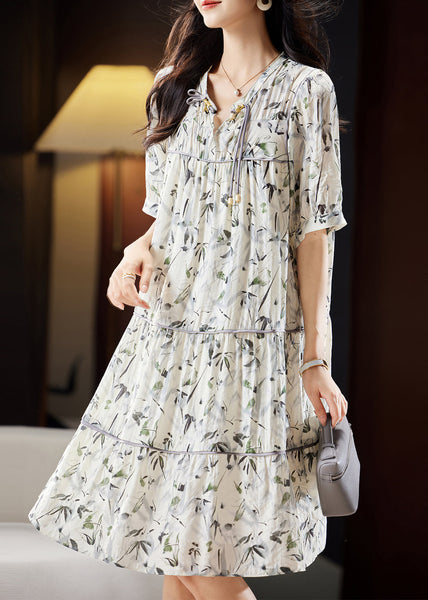 Unique Beige V Neck Print Patchwork Chiffon Maxi Dresses Short Sleeve WW055 OL-SDL240812