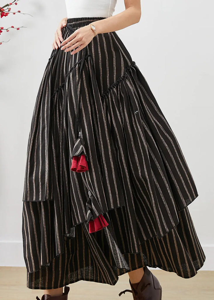 Unique Black Asymmetrical Striped Cotton Skirt Fall Ada Fashion