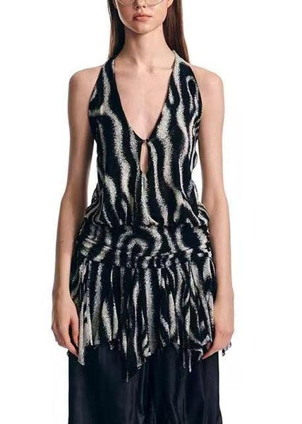 Backless Beach Unique Black Print Halter Summer Vest FashionChic