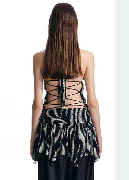 Backless Beach Unique Black Print Halter Summer Vest FashionChic