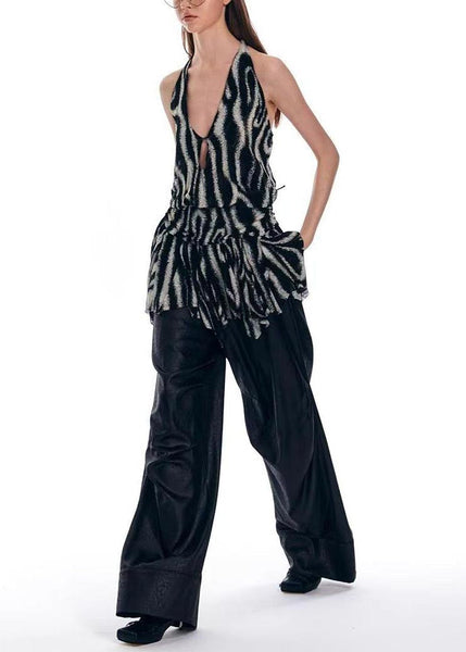 Backless Beach Unique Black Print Halter Summer Vest FashionChic