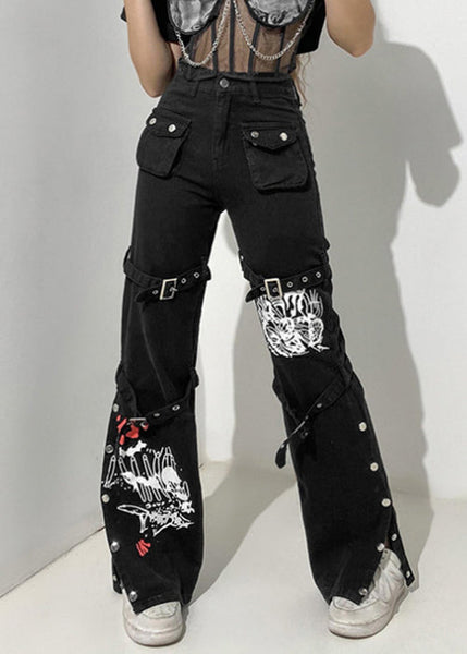 Black Denim Pants Print Summer Unique Pockets Button FashionChic