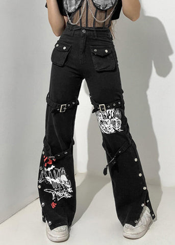 Black Denim Pants Print Summer Unique Pockets Button FashionChic