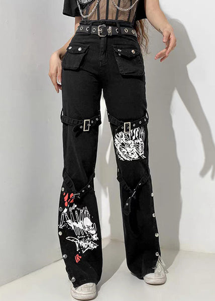 Black Denim Pants Print Summer Unique Pockets Button FashionChic