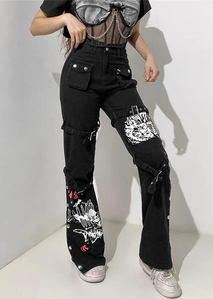 Black Denim Pants Print Summer Unique Pockets Button FashionChic