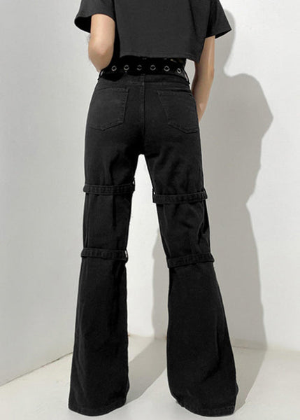 Black Denim Pants Print Summer Unique Pockets Button FashionChic