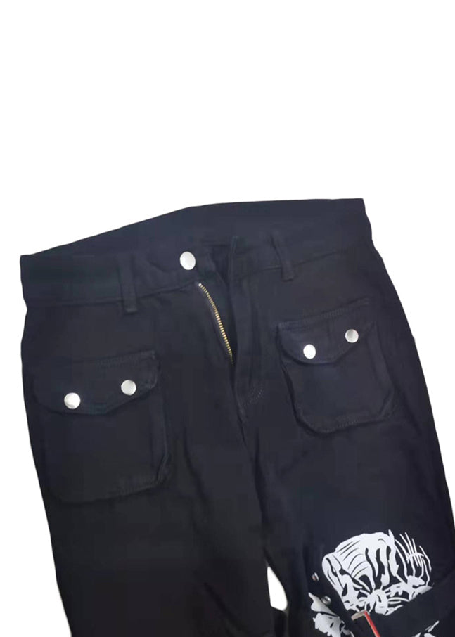Black Denim Pants Print Summer Unique Pockets Button FashionChic