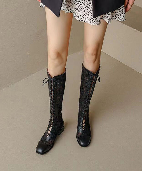 Unique Black Embroidery Floral Tulle Splicing Chunky Boots JJ075 Shoe-XZ240609