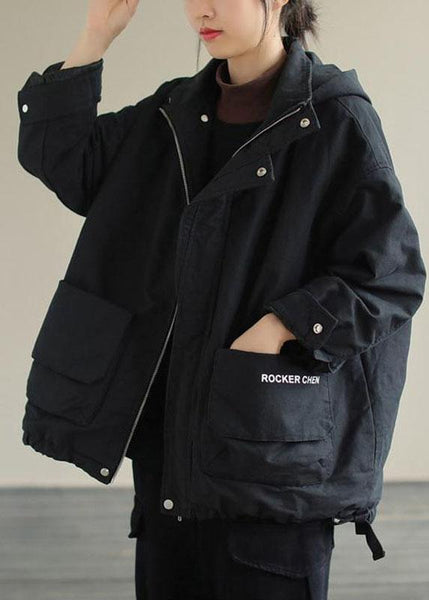 Unique Black Hooded Pockets Winter Cotton Coat Long sleeve QS041 WT-WG-DJK210914