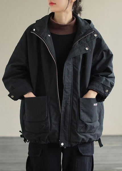 Unique Black Hooded Pockets Winter Cotton Coat Long sleeve QS041 WT-WG-DJK210914