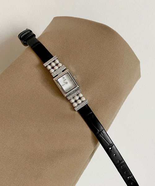 Crystal Black Watches Leather Zircon Pearl Hardlex Unique FashionChic