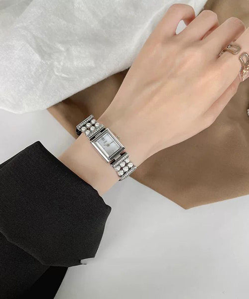Crystal Black Watches Leather Zircon Pearl Hardlex Unique FashionChic