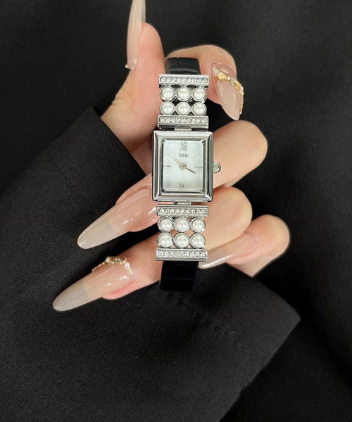 Crystal Black Watches Leather Zircon Pearl Hardlex Unique FashionChic