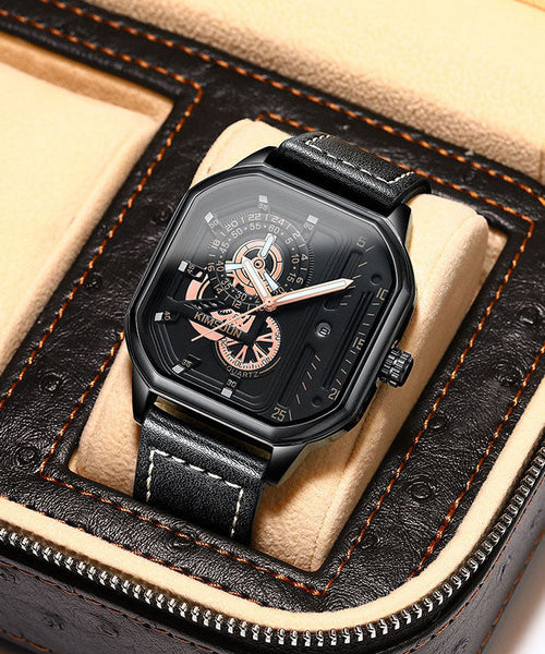 Watches Leather Unique Noctilucent Quartz Black Movement FashionChic