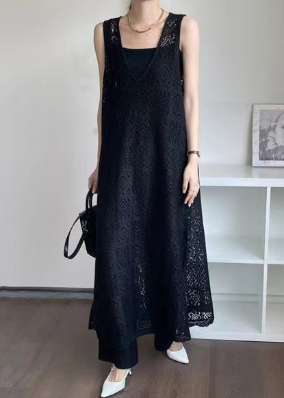 Hollow Out Oversized Black Lace Dress Unique Sleeveless FashionChic