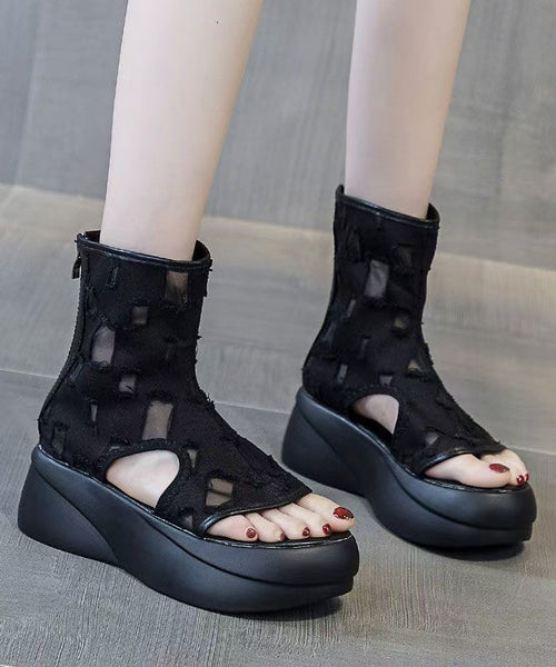 Unique Black Platform Cowboy Boots Hollow Out Flip Flops YC024 ABC