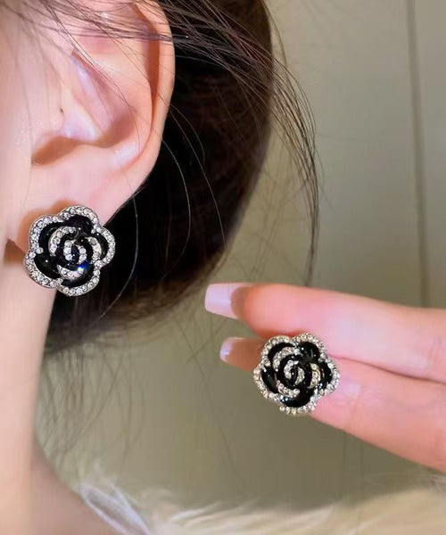 Silver Black Unique Overgild Stud Floral Earrings Srerling Zircon FashionChic