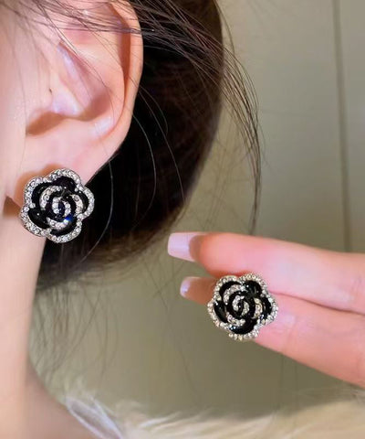 Silver Black Unique Overgild Stud Floral Earrings Srerling Zircon FashionChic