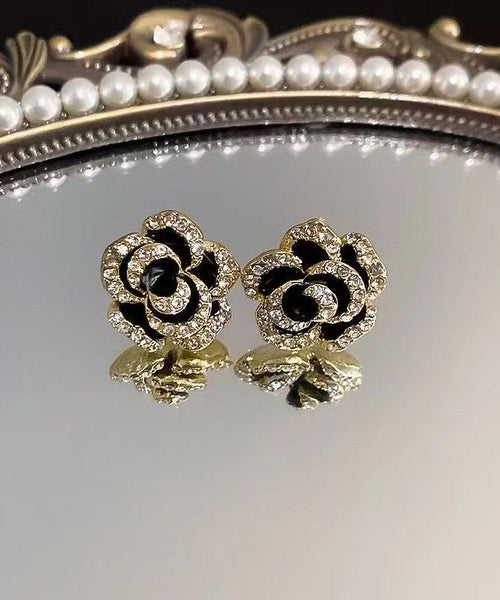 Silver Black Unique Overgild Stud Floral Earrings Srerling Zircon FashionChic