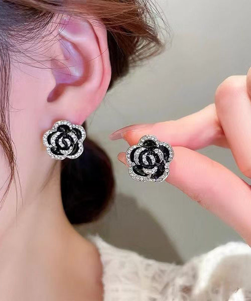 Silver Black Unique Overgild Stud Floral Earrings Srerling Zircon FashionChic