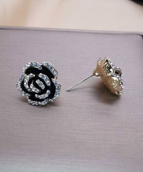 Silver Black Unique Overgild Stud Floral Earrings Srerling Zircon FashionChic