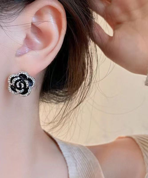 Silver Black Unique Overgild Stud Floral Earrings Srerling Zircon FashionChic