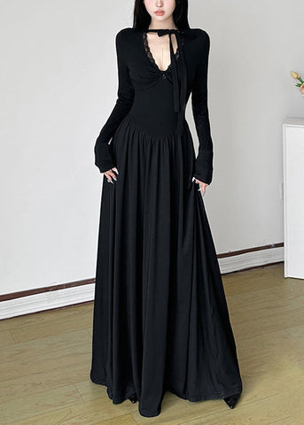 Unique Black V Neck Exra Large Hem Long Dresses Spring YP006 ABC