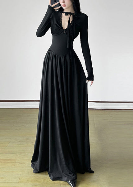 Unique Black V Neck Exra Large Hem Long Dresses Spring YP006 ABC