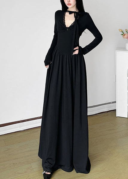 Unique Black V Neck Exra Large Hem Long Dresses Spring YP006 ABC