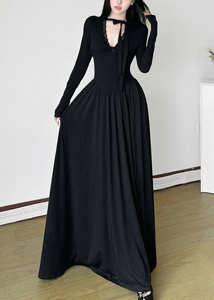 Unique Black V Neck Exra Large Hem Long Dresses Spring YP006 ABC