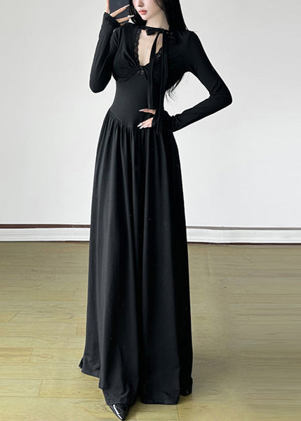 Unique Black V Neck Exra Large Hem Long Dresses Spring YP006 ABC