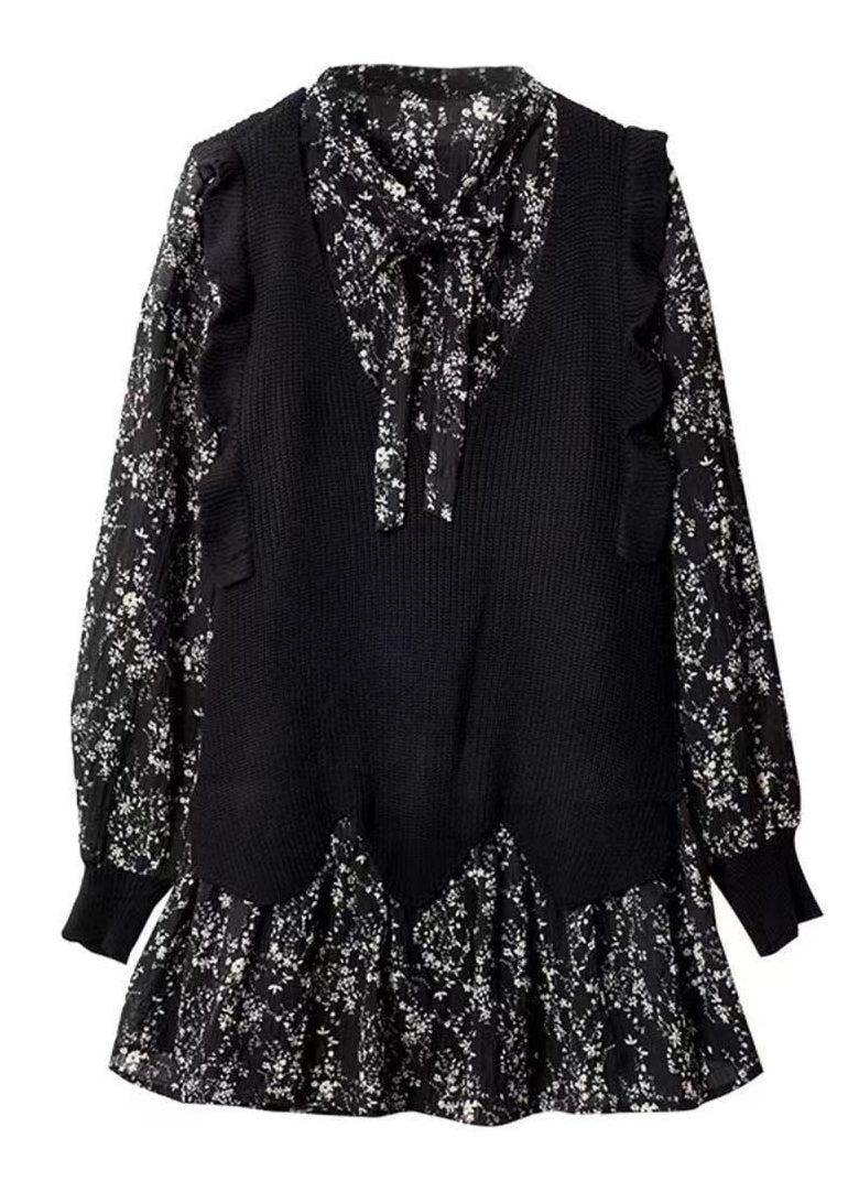 Dress Neck V Black Print Chiffon Unique Spring Mid FashionChic