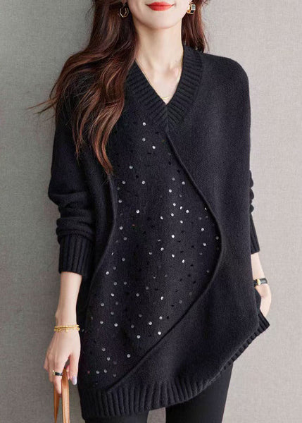Unique Black V Neck Sequins Patchwork Woolen Sweater Spring TQ031 ABC