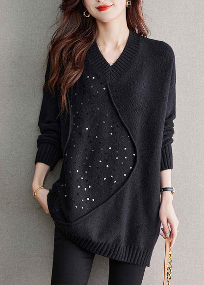 Unique Black V Neck Sequins Patchwork Woolen Sweater Spring TQ031 ABC