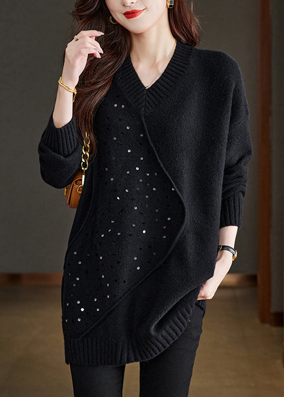 Unique Black V Neck Sequins Patchwork Woolen Sweater Spring TQ031 ABC