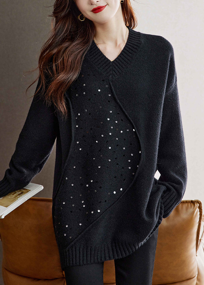 Unique Black V Neck Sequins Patchwork Woolen Sweater Spring TQ031 ABC