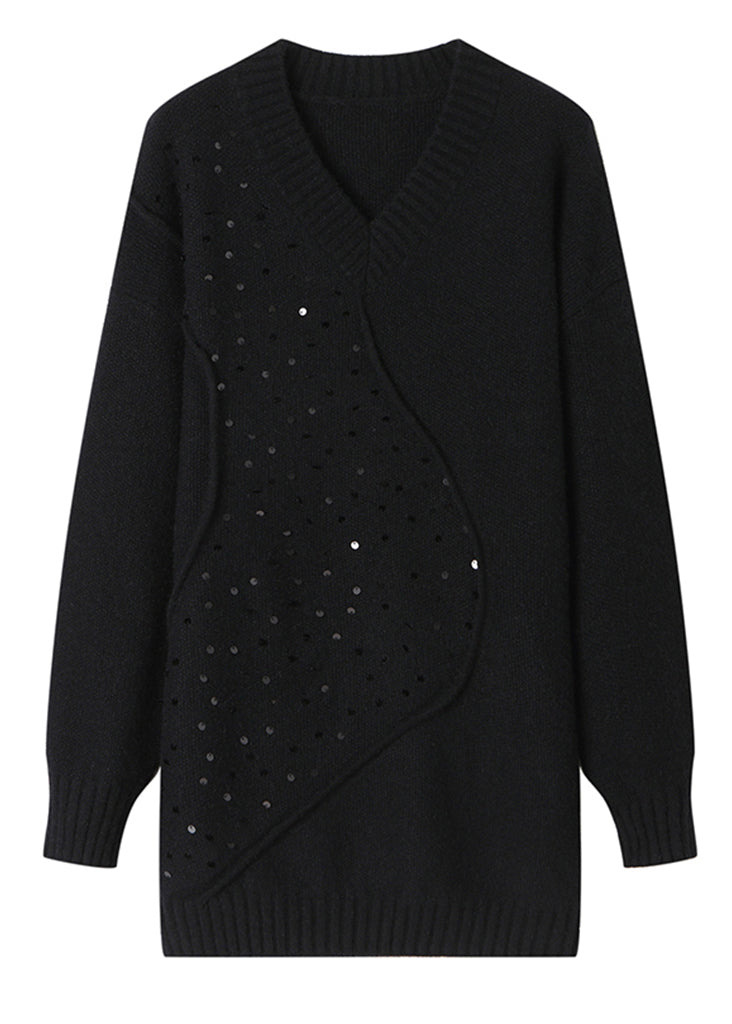 Unique Black V Neck Sequins Patchwork Woolen Sweater Spring TQ031 ABC
