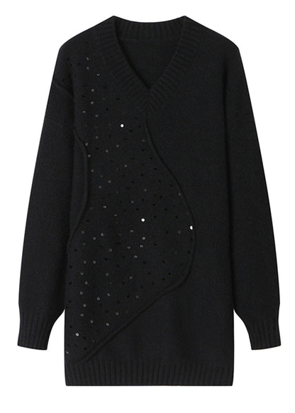 Unique Black V Neck Sequins Patchwork Woolen Sweater Spring TQ031 ABC