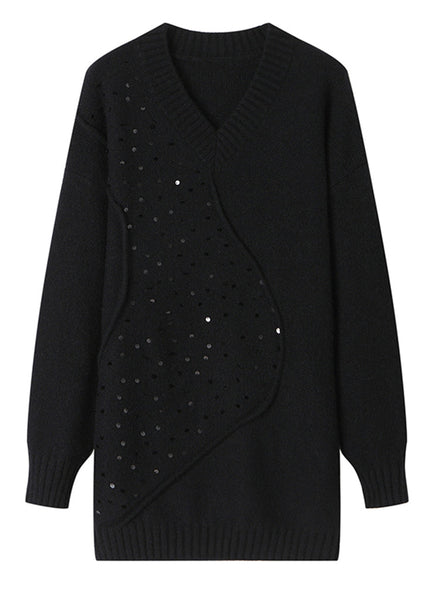 Unique Black V Neck Sequins Patchwork Woolen Sweater Spring TQ031 ABC