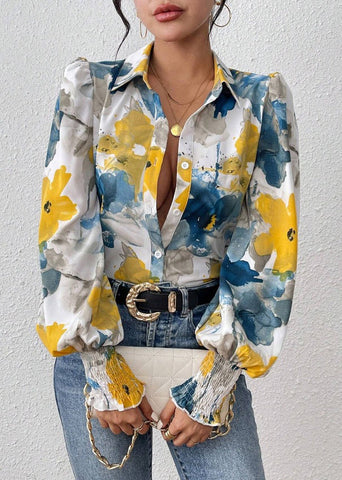 Blouses Blue Spring Button Unique Cotton Print FashionChic
