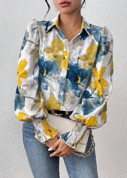 Blouses Blue Spring Button Unique Cotton Print FashionChic