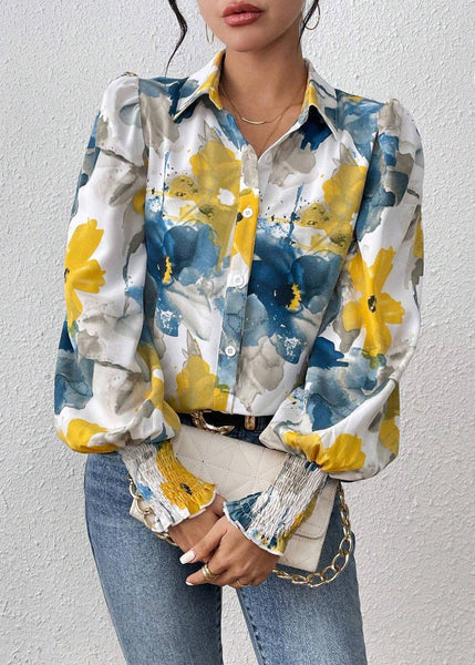 Blouses Blue Spring Button Unique Cotton Print FashionChic